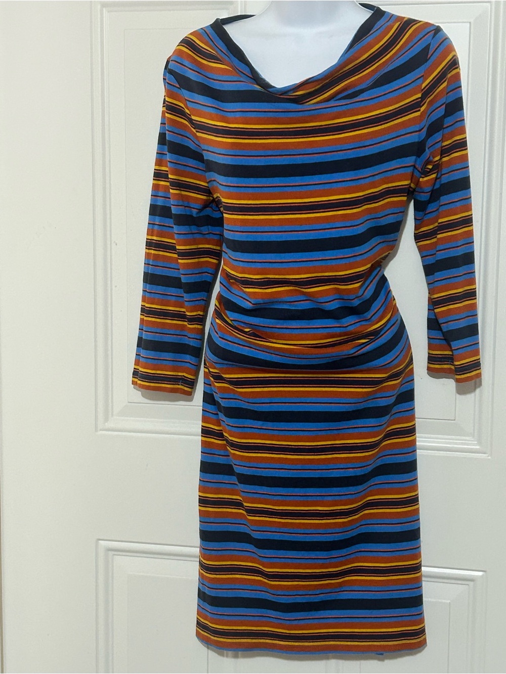 Patagonia Striped Long-Sleeve Sheath Dress in Blue, Mustard and Black